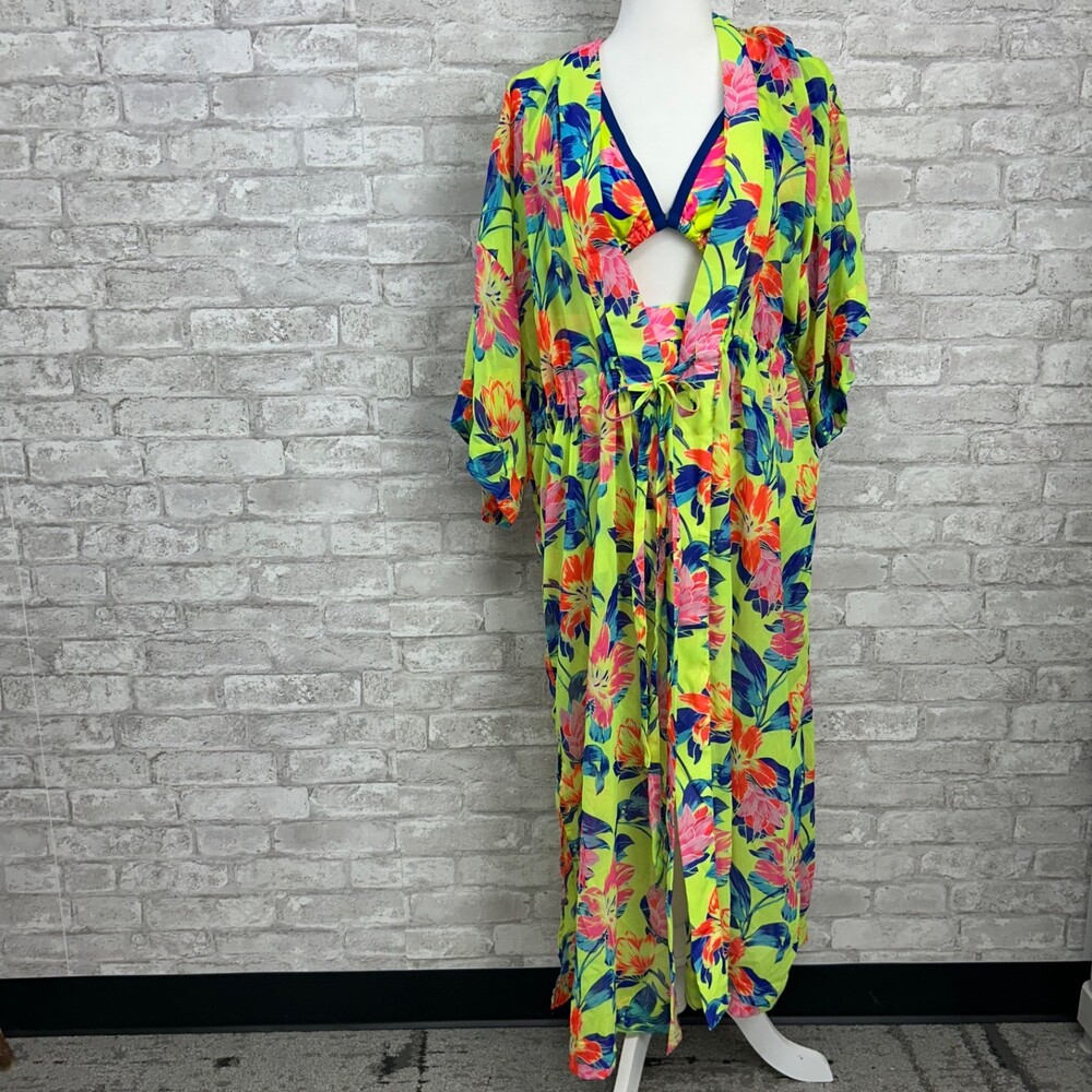 SWIM By CACIQUE Carribean Floral Chiffon Kimono Coverup Bikini Suit Set Sz 18/28